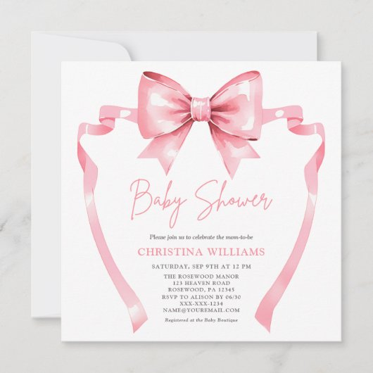 Elegant Roze Bow Baby shower Kaart (Voorkant)