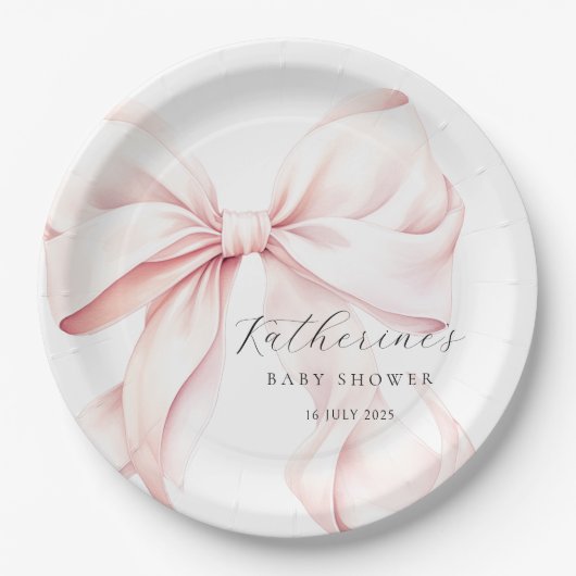 Elegant Roze Bow Baby Vrijgezellenfeest Papieren Bordje (Voorkant)