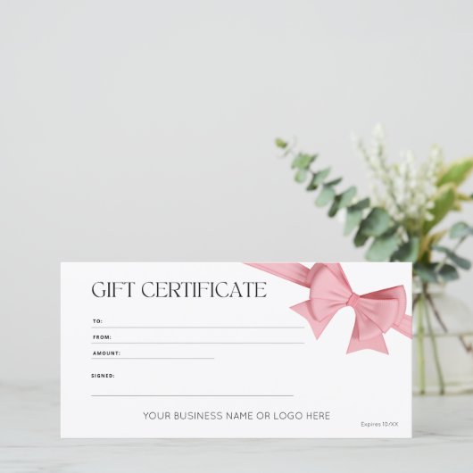 Elegant Roze Bow Logo Cadeaubon (Staand voorkant)
