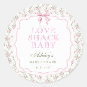 Elegant  Roze Bow Love Shack Baby shower Ronde Sticker (Voorkant)