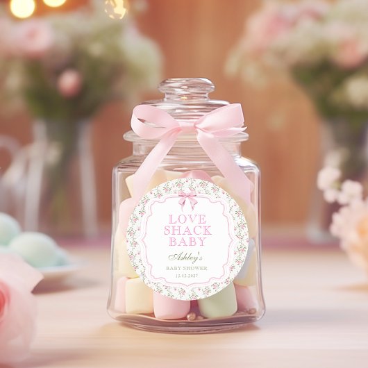 Elegant  Roze Bow Love Shack Baby shower Ronde Sticker