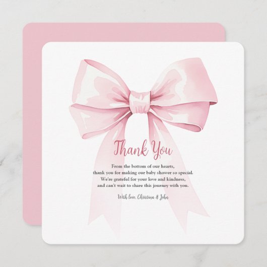 Elegant Roze Bow Meisje Baby shower Dank je kaart (Voorkant / Achterkant)