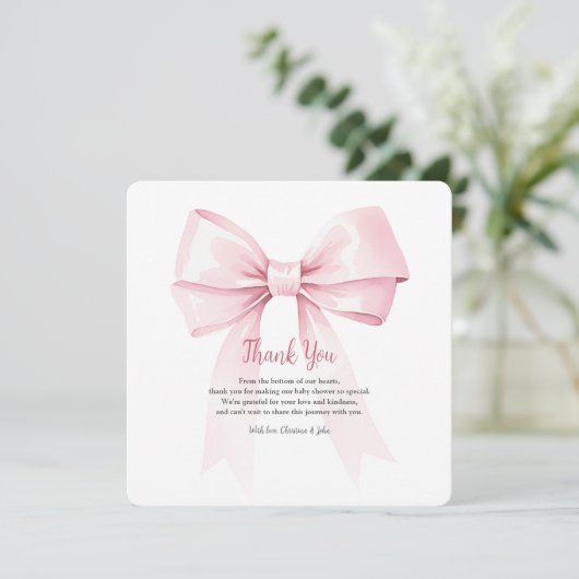 Elegant Roze Bow Meisje Baby shower Dank je kaart (Staand voorkant)