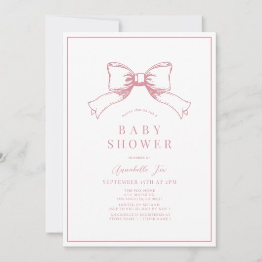 Elegant Roze Bow Meisje Baby shower Kaart (Voorkant)