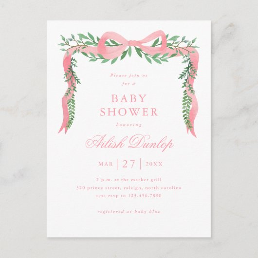 Elegant Roze Bow Meisje Baby shower Uitnodiging (Voorkant)