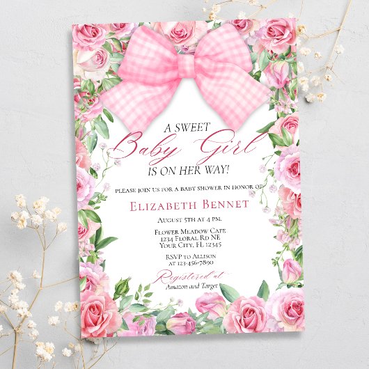 Elegant Roze Bow & Rozen Coquette Meisje Baby show Kaart