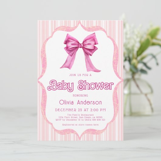 Elegant Roze Bow Trendy Baby shower Invitation Kaart (Staand voorkant)