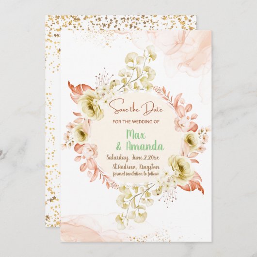 Elegant roze bruiloft met roze bloemen, met uitzon kaart (Voorkant / Achterkant)