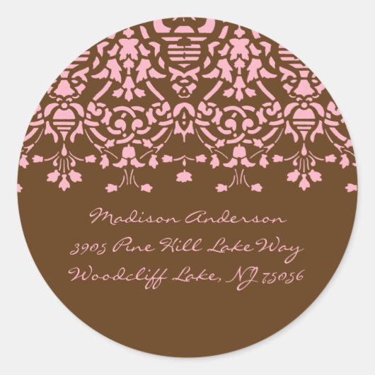 Elegant Roze & Bruin Damast Adreslabel Ronde Sticker (Voorkant)
