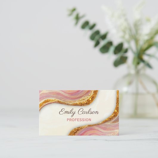 Elegant roze bruine marmer faux goud glitter bu visitekaartje (Staand voorkant)