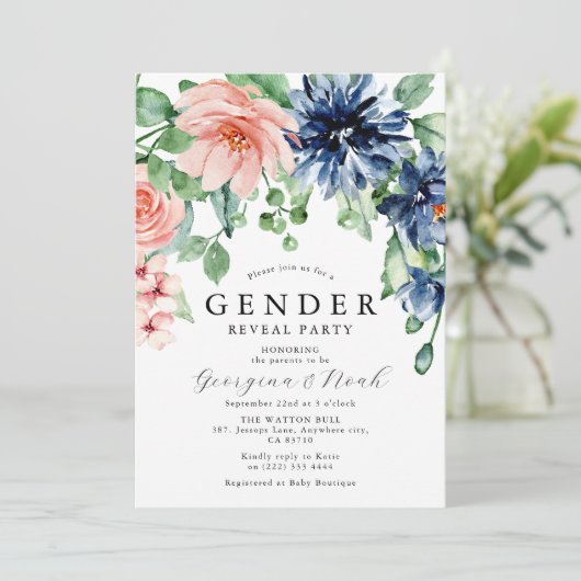 Elegant roze & Bue Floral Baby Genderpartij Kaart (Staand voorkant)