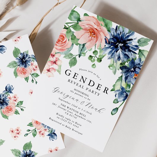 Elegant roze & Bue Floral Baby Genderpartij Kaart