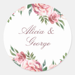 Elegant roze burgundy rozen bruiloft ronde sticker
