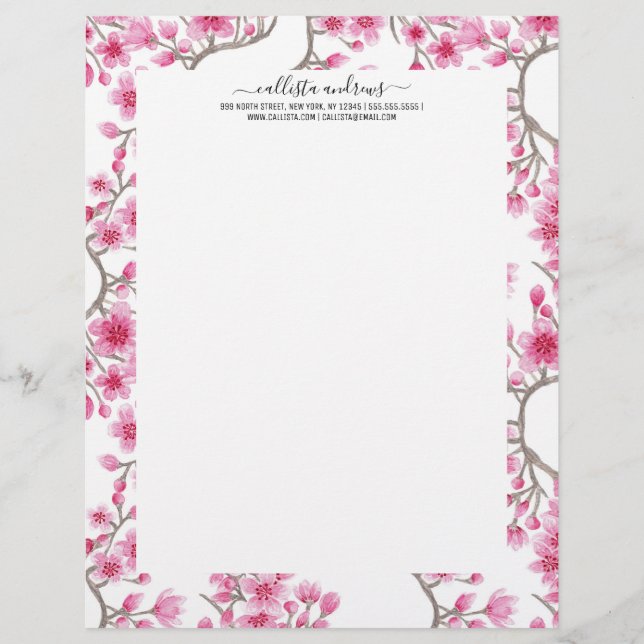 Elegant roze Cherry Blossom Floral Waterverf Briefhoofd (Voorkant)