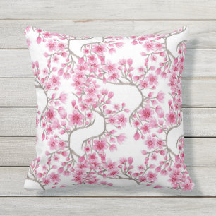 Elegant roze Cherry Blossom Floral Waterverf Buitenkussen