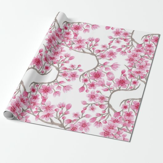 Elegant roze Cherry Blossom Floral Waterverf Cadeaupapier (Uitgerold)