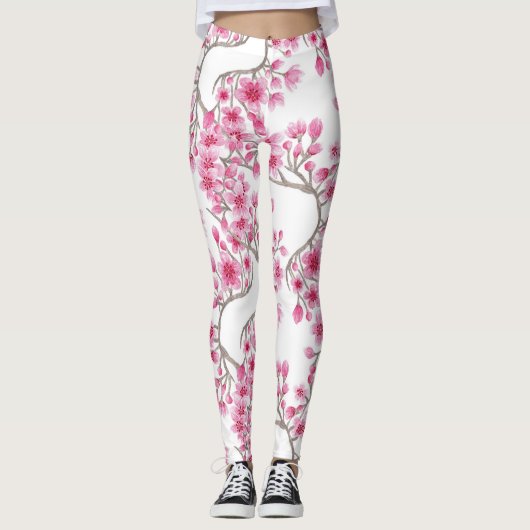 Elegant roze Cherry Blossom Floral Waterverf Leggings (Voorkant)