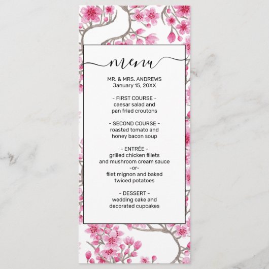 Elegant roze Cherry Blossom Floral Waterverf Menu (Voorkant)