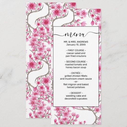 Elegant roze Cherry Blossom Floral Waterverf Menu (Voorkant / Achterkant)