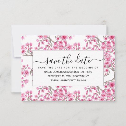 Elegant roze Cherry Blossom Floral Waterverf Save The Date (Voorkant)