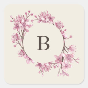 Elegant roze Cherry Blossom Monogram Weddenschap Vierkante Sticker