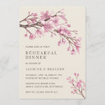 Elegant roze Cherry Blossom Rehearsal Dinner Kaart<br><div class="desc">Elegant bloemkool-etentje met een tak bestaande uit waterverf schilderde roze kersen bloesem boven de linksboven en in de rechterbenedenhoek boven een ivoren achtergrond. Uw details zijn in een diepe bruine kleur en in linkergroepering. Dit ontwerp is geweldig voor een lenteviering.</div>