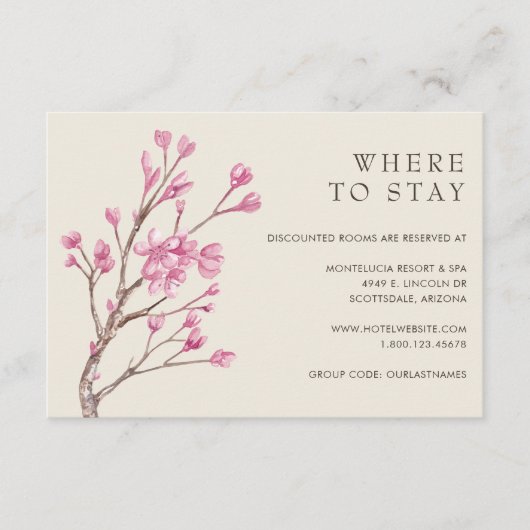 Elegant roze Cherry Blossom Wedding Accommodations Informatiekaartje (Voorkant)