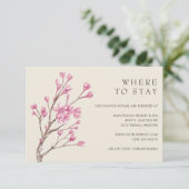 Elegant roze Cherry Blossom Wedding Accommodations Informatiekaartje (Staand voorkant)