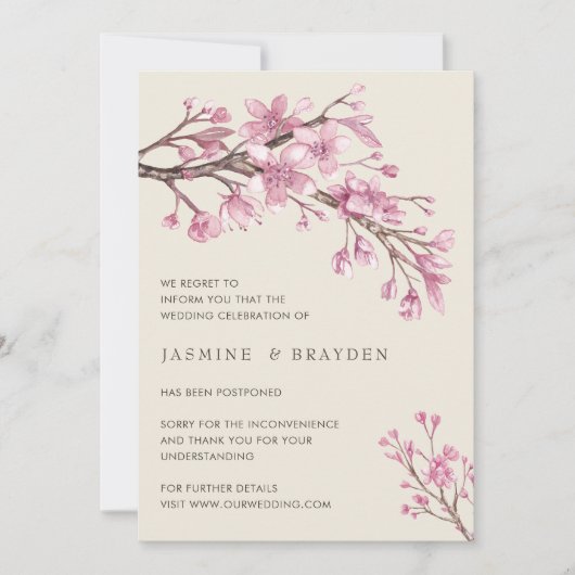 Elegant roze Cherry Blossom Wedding Postponement Aankondiging (Voorkant)