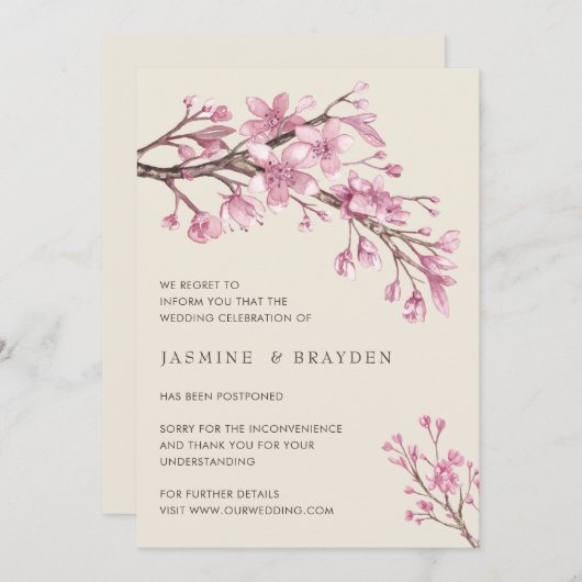 Elegant roze Cherry Blossom Wedding Postponement Aankondiging (Voorkant / Achterkant)