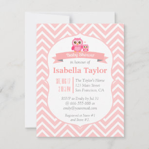Elegant roze Chevron Owl Baby Girl Shower Party Kaart