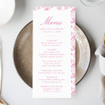 Elegant Roze Chinoiserie Victoriaans Bloemenbruilo Menu<br><div class="desc">Creëer een prachtige eetervaring met onze Elegant Pink Chinoiserie Floral huwelijksmenu. Met elegante roze kalligrafie op een heldere witte achtergrond, dit aanpasbare menu stelt koppels in staat om hun namen, trouwdatum en gepersonaliseerde menu-aanbiedingen toe te voegen. De achterkant toont een prachtig roze en wit Chinoiserie-bloemmotief, waardoor je een tijdloze en...</div>