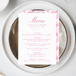Elegant Roze Chinoiserie Victoriaans Bloemenbruilo Menu<br><div class="desc">Verhoog uw bruiloft receptie met onze Elegant Pink Chinoiserie Floral bruiloft menu. Ontworpen met sierlijke roze kalligrafie op een schone witte achtergrond, is dit menu volledig aanpasbaar met uw namen, trouwdatum en menudetails. De achterkant heeft een prachtig roze en wit Chinoiserie-bloemmotief, waardoor je een vleugje klassieke elegantie toevoegt aan je...</div>