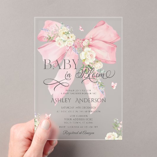 Elegant Roze Coquette Bloemen Bow Baby shower Acryl Uitnodigingen (Insitu (Draagbaar))