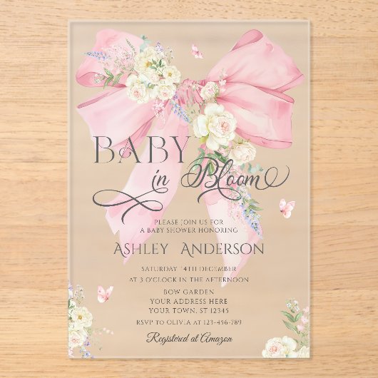 Elegant Roze Coquette Bloemen Bow Baby shower Acryl Uitnodigingen (Voorkant)