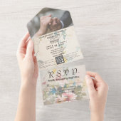 Elegant Roze Cream Waterverf Floral QR Code Foto All In One Uitnodiging (Afscheurbaar)