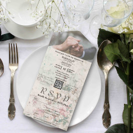 Elegant Roze Cream Waterverf Floral QR Code Foto All In One Uitnodiging