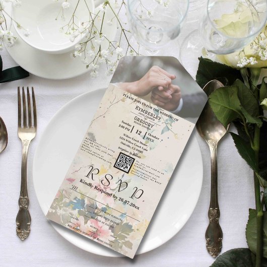 Elegant Roze Cream Waterverf Floral QR Code Foto All In One Uitnodiging