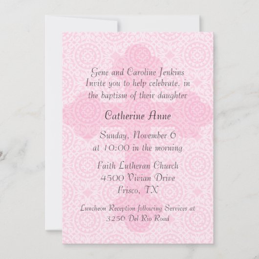 Elegant roze Cross Custom Baptism Uitnodiging (Voorkant)