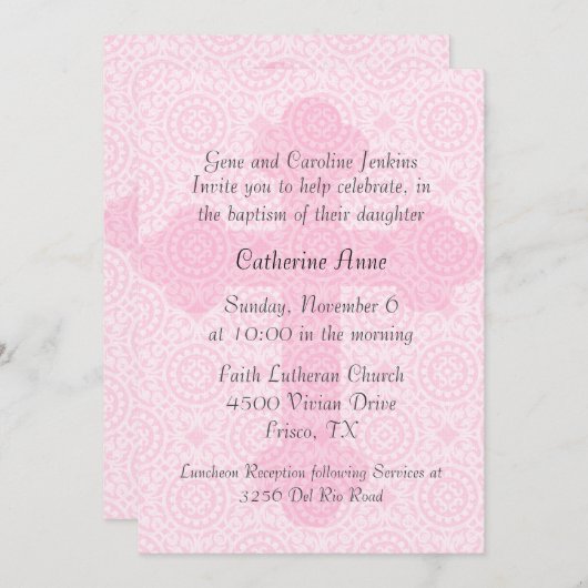 Elegant roze Cross Custom Baptism Uitnodiging (Voorkant / Achterkant)