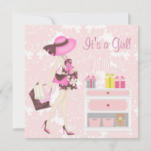 Elegant roze Damask Baby Shower-uitnodigingen Kaart