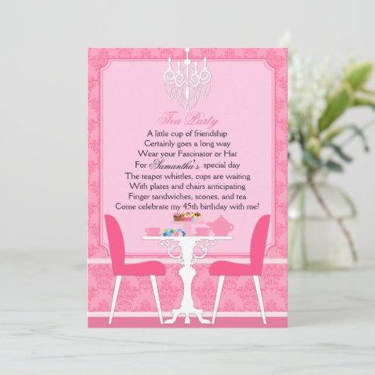 Elegant roze Damask Birthday Tea Party Kaart (Staand voorkant)