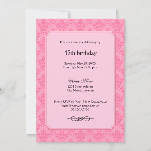 Elegant roze Damask Birthday Tea Party Kaart (Achterkant)