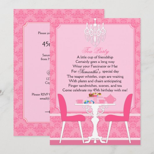 Elegant roze Damask Birthday Tea Party Kaart (Voorkant / Achterkant)