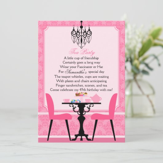 Elegant roze Damask Birthday Tea Party Kaart (Staand voorkant)