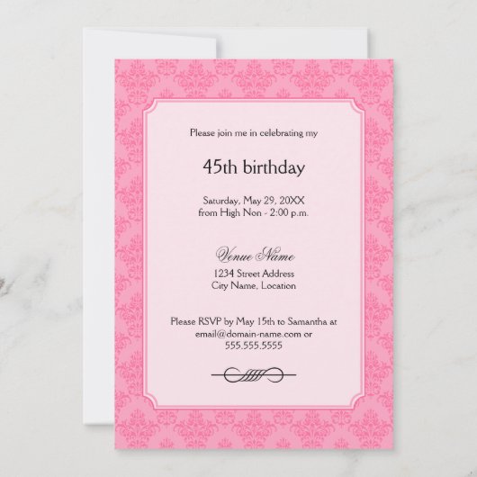 Elegant roze Damask Birthday Tea Party Kaart (Achterkant)