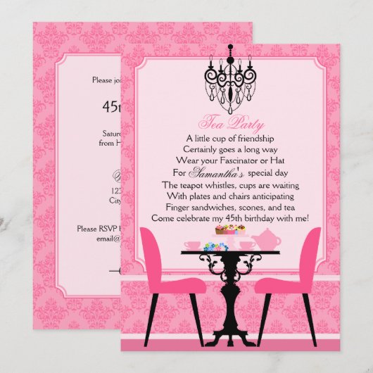 Elegant roze Damask Birthday Tea Party Kaart (Voorkant / Achterkant)
