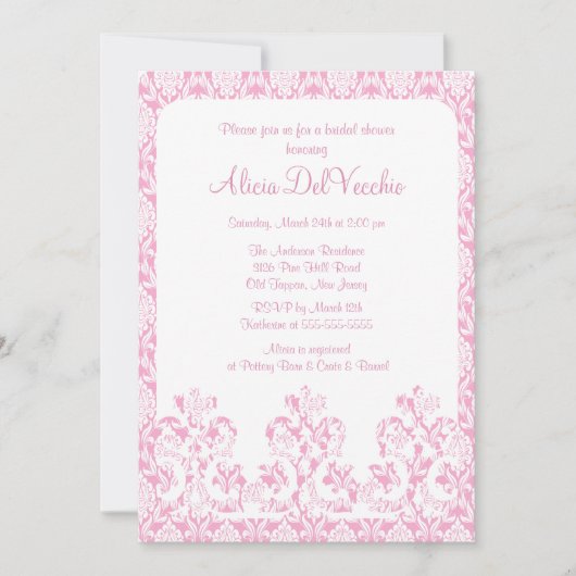 Elegant roze Damask Bridal Shower Uitnodiging (Voorkant)