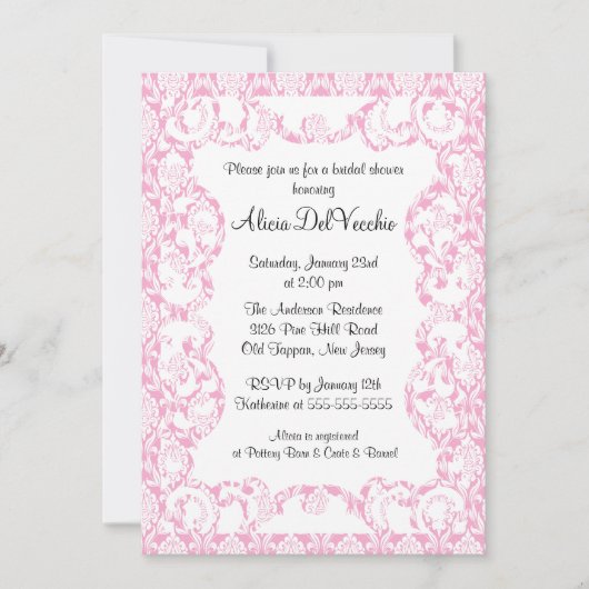 Elegant roze Damask Bridal Shower Uitnodiging (Voorkant)
