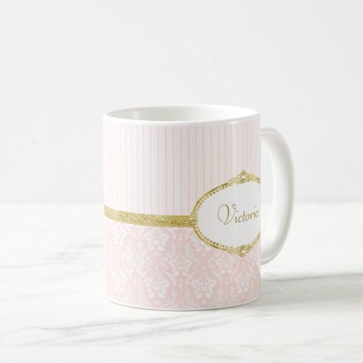 Elegant Roze Damask  Gold Lijst en naam Koffiemok (Voorkant rechts)